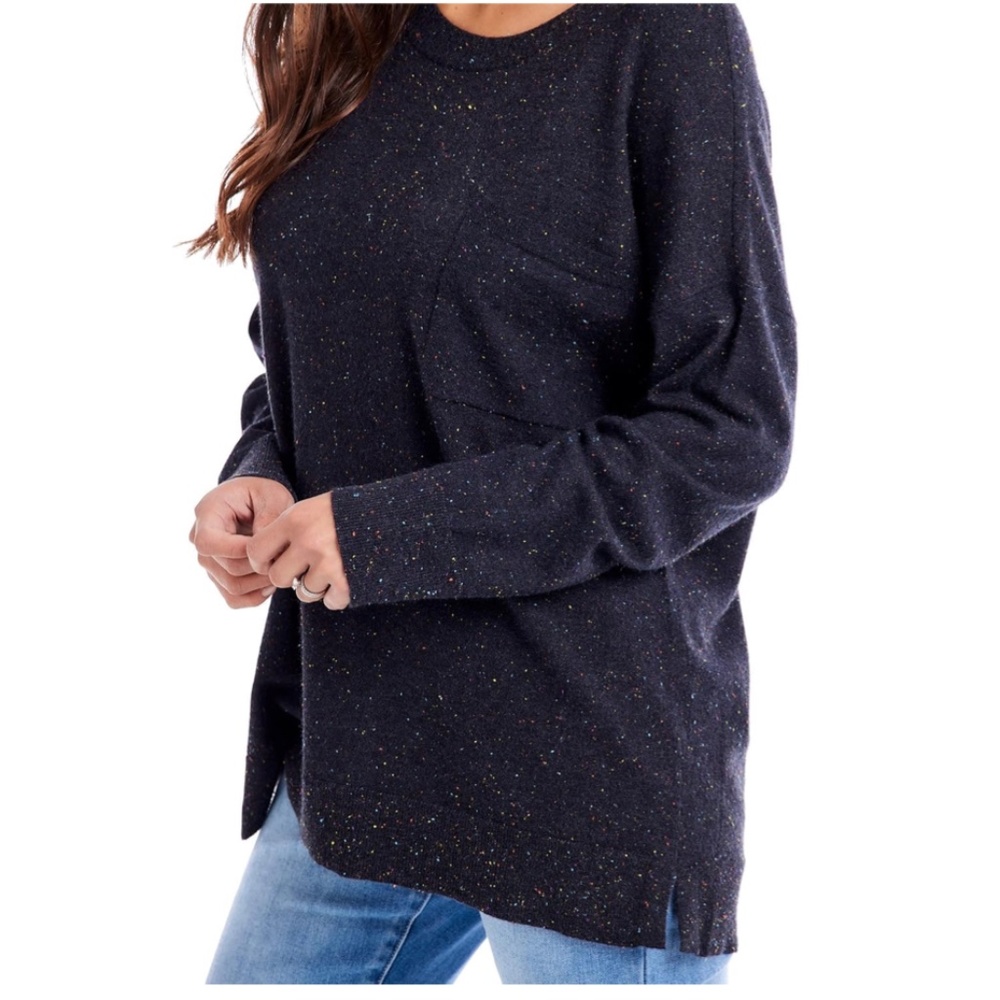 Mud Pie Penn Knit Black Speckled Scoop Neck Sweater with Pocket